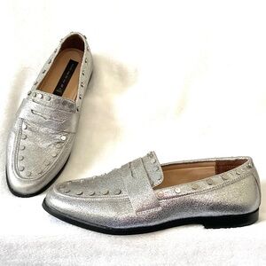 Silver Steve Madden Ample Leather Metallic Studded Penny Loafer sz 9